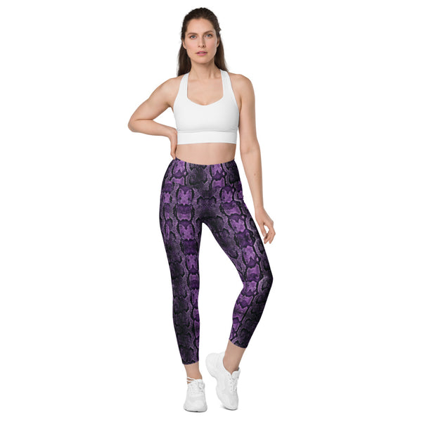 Purple Snake Print Tights, Purple Snake Skin Python Printed Best Women's 7/8 Leggings Yoga Pants With 2 Large & Deep Long Side Pockets - Made in USA/EU/MX (US Size: 2XS-6XL) Plus Size Available
