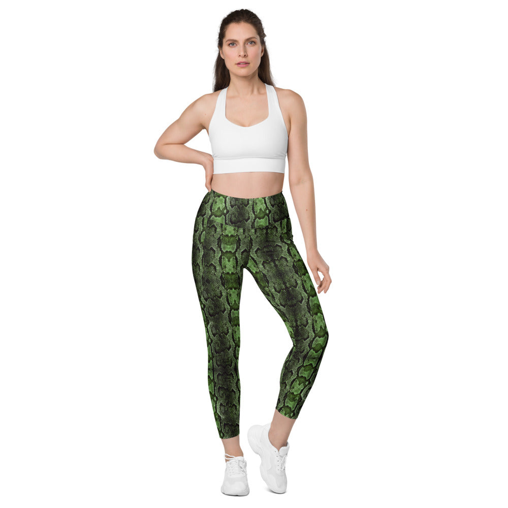 Bright Green Snake Print Tights, Green Snake Skin Python Printed Best Women's 7/8 Leggings Yoga Pants With 2 Large & Deep Long Side Pockets - Made in USA/EU/MX (US Size: 2XS-6XL) Plus Size Available