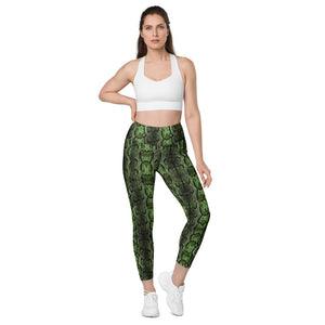 Bright Green Snake Print Tights, Women's 7/8 Leggings With 2 Side Pockets -  Made in USA/EU/MX