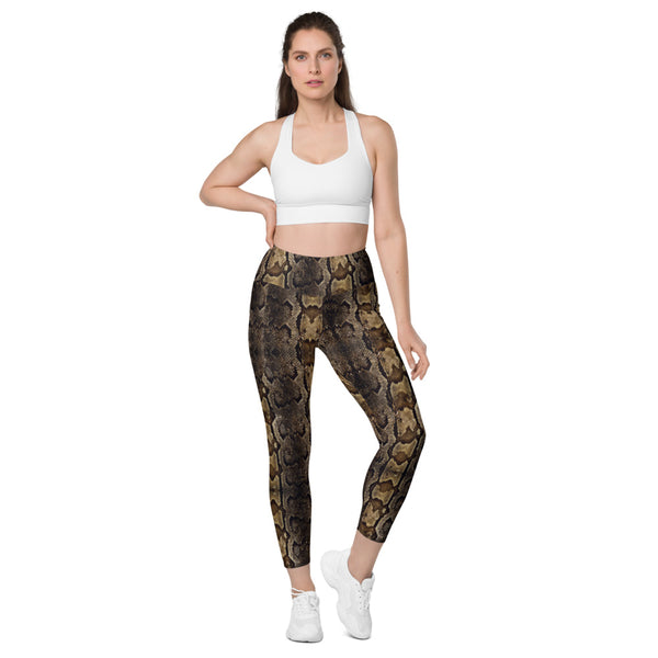 Brown Python Print Tights, Women's 7/8 Leggings with pockets