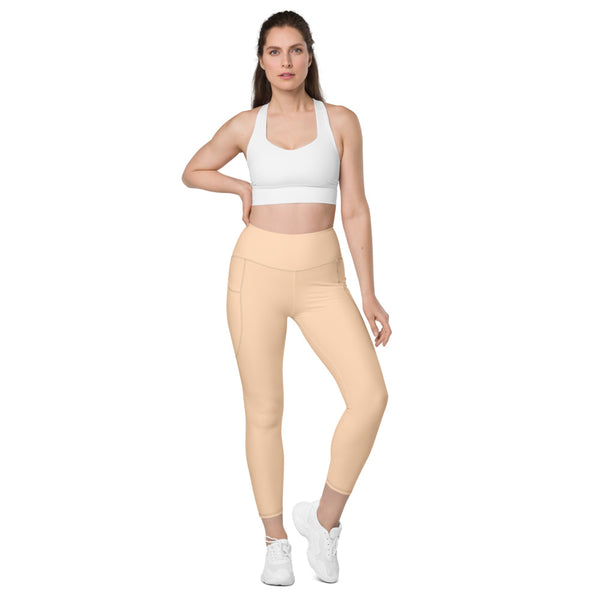 Beige Nude Color Women's Tights, Modern Simple Essential Solid Color Best Women's 7/8 Leggings Yoga Pants With 2 Side Pockets - Made in USA/EU/MX (US Size: 2XS-6XL) Plus Size Available