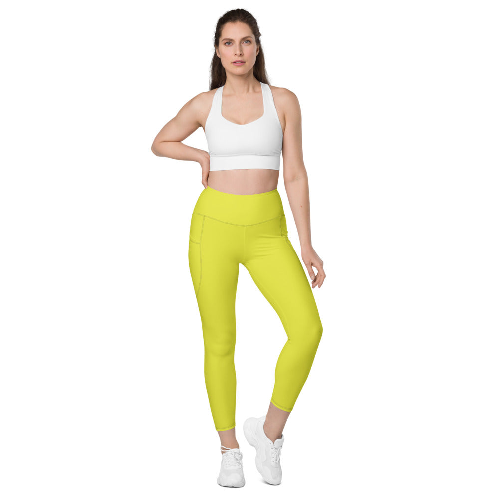 Bright Yellow Color Women's Tights, Yellow Modern Simple Essential Solid Color Best Women's 7/8 Leggings Yoga Pants With 2 Side Deep Long Pockets - Made in USA/EU/MX (US Size: 2XS-6XL) Plus Size Available, Women's High Waist Yoga Pants with Built-in Pockets, Exercise Leggings With Pockets, Women's Workout Leggings with Pockets  
