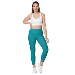 Turquoise Blue Color Women's Tights, Turquoise Blue Modern Simple Essential Solid Color Best Women's 7/8 Leggings Yoga Pants With 2 Side Deep Long Pockets - Made in USA/EU/MX (US Size: 2XS-6XL) Plus Size Available