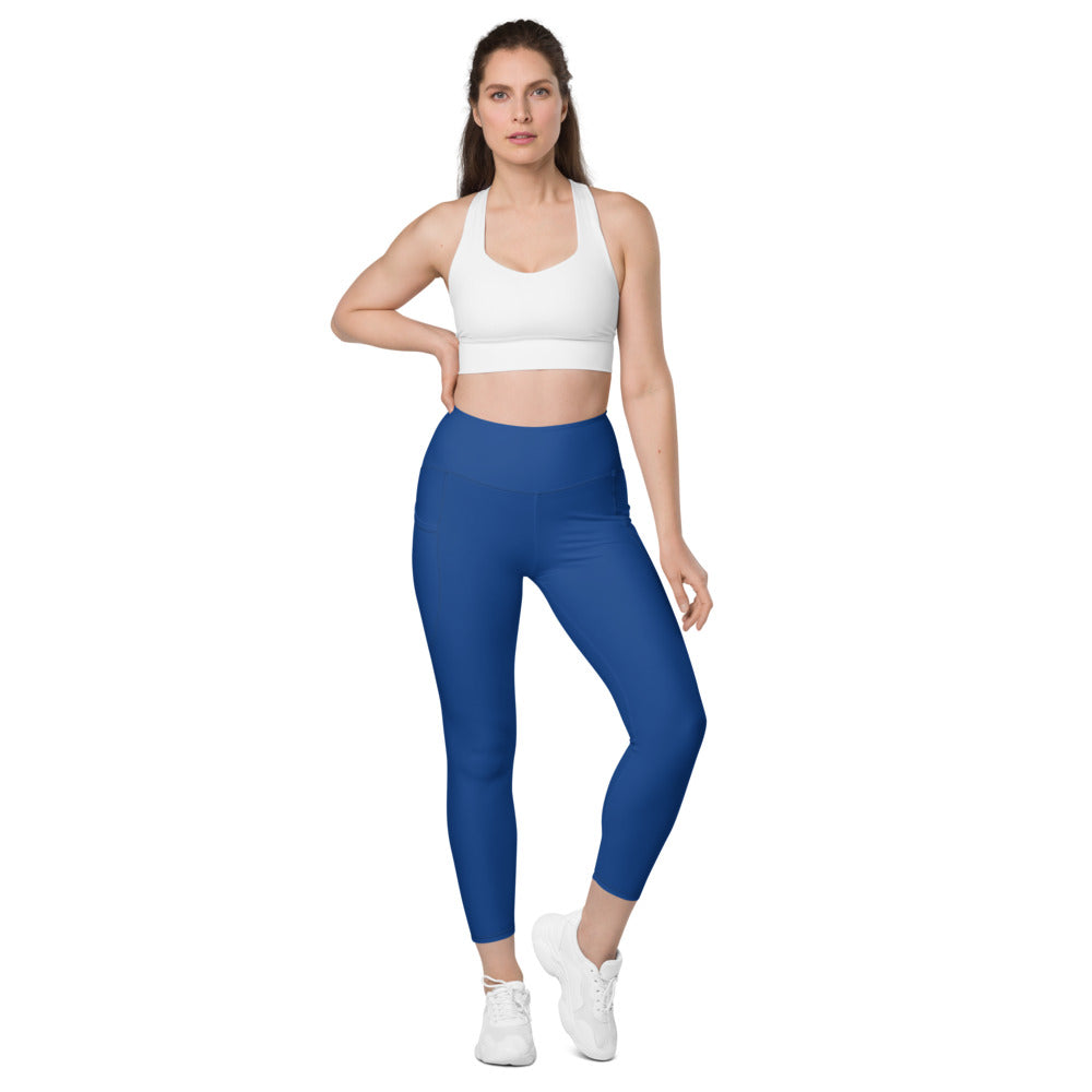 Dark Blue Color Women's Tights, Dark Blue Modern Simple Essential Solid Color Best Women's 7/8 Leggings Yoga Pants With 2 Side Deep Long Pockets - Made in USA/EU/MX (US Size: 2XS-6XL) Plus Size Available