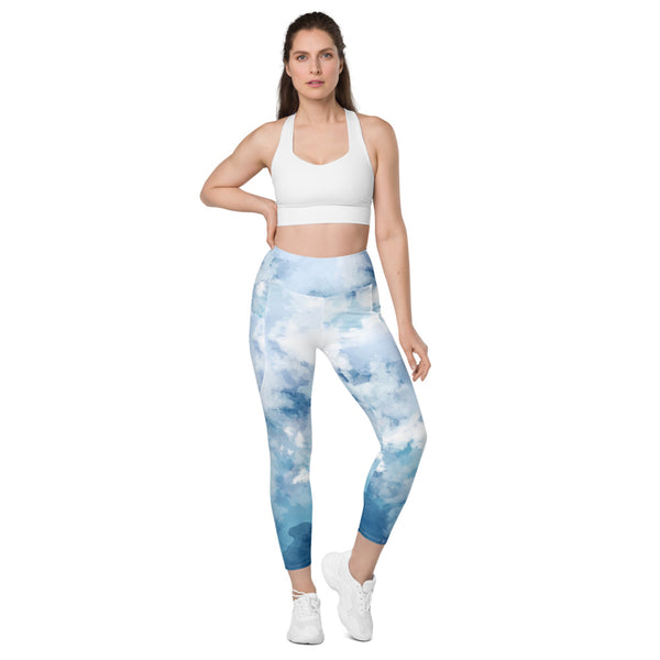 Blue Abstract Leggings With Pockets, Abstract Blue and White Best Women's 7/8 Leggings Yoga Pants With 2 Side Deep Long Pockets - Made in USA/EU/MX (US Size: 2XS-6XL) Plus Size Available, Women's High Waist Yoga Pants with Built-in Pockets, Exercise Leggings With Pockets, Women's Workout Leggings with Pockets  