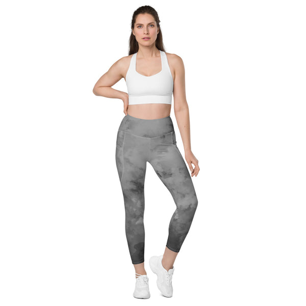 Grey Abstract Leggings With Pockets, Grey Abstract Best Women's 7/8 Leggings Yoga Pants With 2 Side Deep Long Pockets - Made in USA/EU/MX (US Size: 2XS-6XL) Plus Size Available, Women's High Waist Yoga Pants with Built-in Pockets, Exercise Leggings With Pockets, Women's Workout Leggings with Pockets  