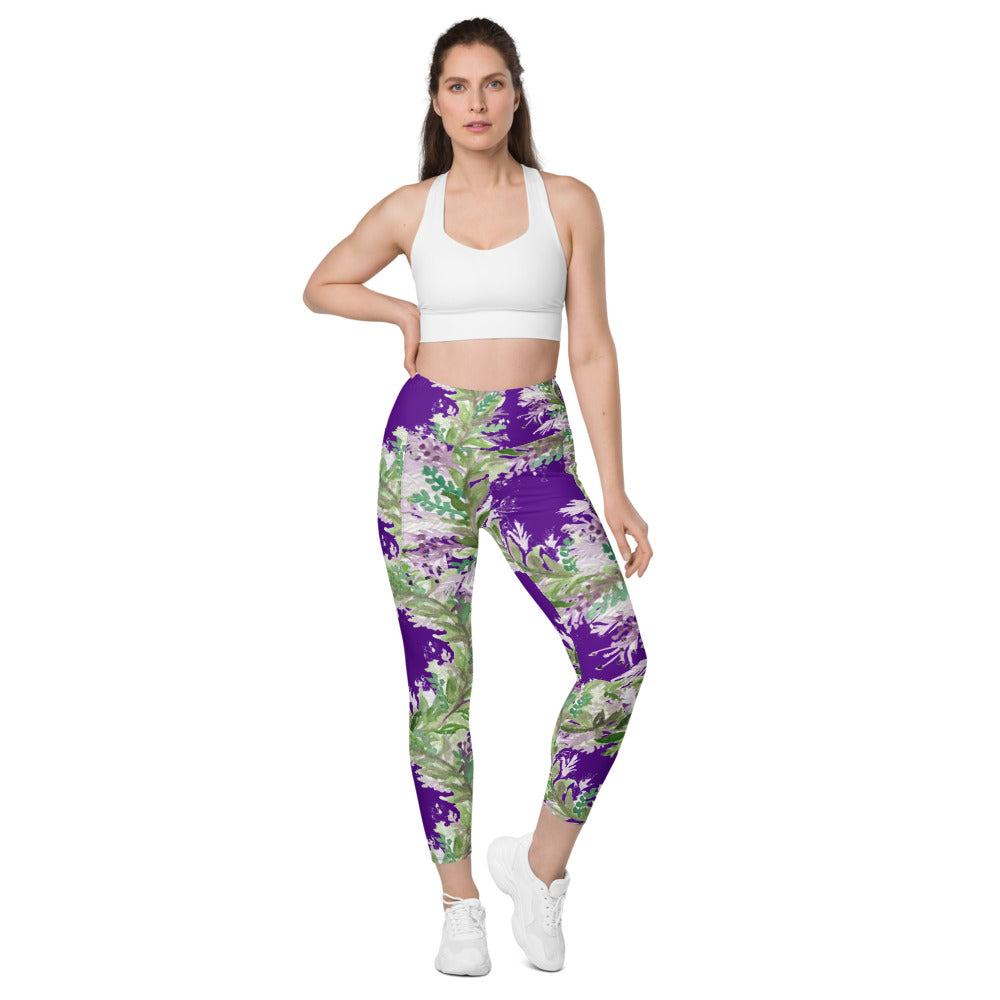 Purple Lavender Women's Pants, Floral Print Leggings with pockets