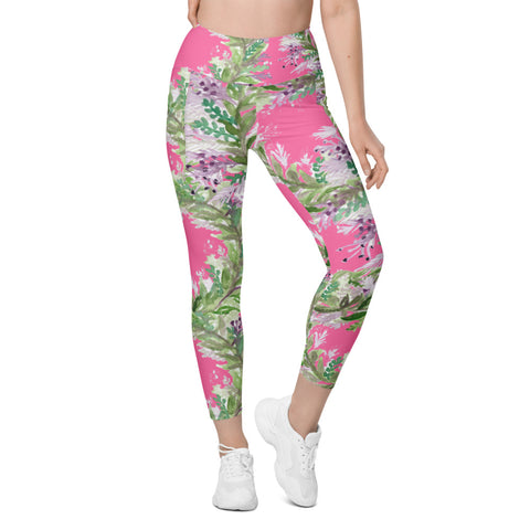 Pink Lavender Women's Tights, Floral Leggings with pockets