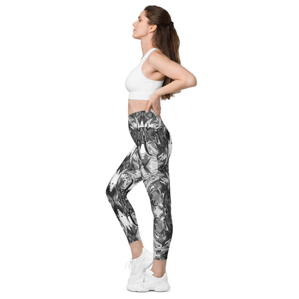 Black White Marbled Women's Tights, 7/8 Leggings with pockets