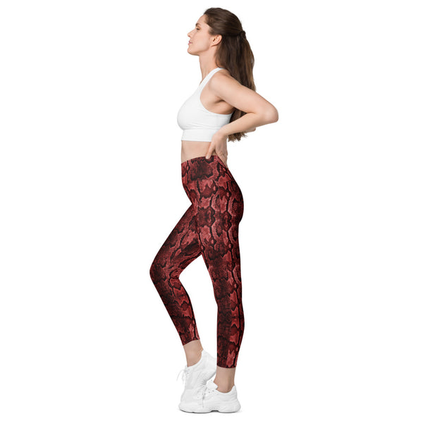 Bright Red Snake Print Tights, Red Snake Skin Python Printed Best Women's 7/8 Leggings Yoga Pants With 2 Large & Deep Long Side Pockets - Made in USA/EU/MX (US Size: 2XS-6XL) Plus Size Available