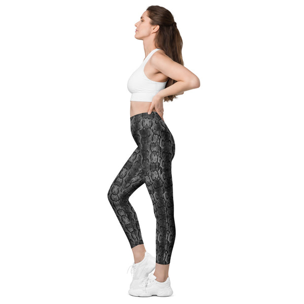 Grey Snake Print Tights, Grey Snake Skin Python Printed Best Women's 7/8 Leggings Yoga Pants With 2 Large & Deep Long Side Pockets - Made in USA/EU/MX (US Size: 2XS-6XL) Plus Size Available