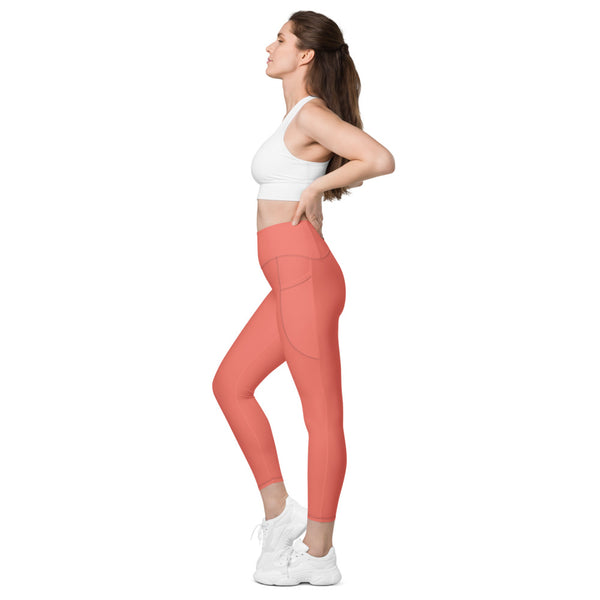 Peach Color Women's Tights, Modern Simple Essential Solid Peach Color Best Women's 7/8 Leggings Yoga Pants With 2 Side Pockets - Made in USA/EU/MX (US Size: 2XS-6XL) Plus Size Available
