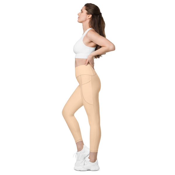 Beige Nude Color Women's Tights, Modern Simple Essential Solid Color Best Women's 7/8 Leggings Yoga Pants With 2 Side Pockets - Made in USA/EU/MX (US Size: 2XS-6XL) Plus Size Available