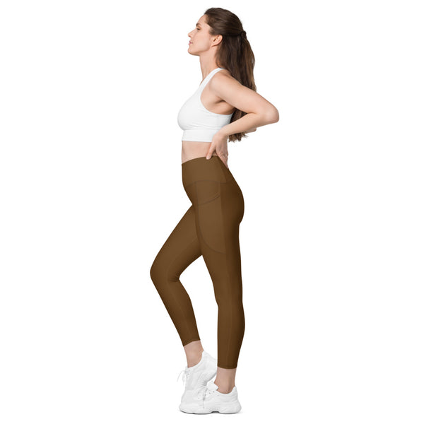 Dark Brown Color Women's Tights, Modern Dark Brown Simple Essential Solid Color Best Women's 7/8 Leggings Yoga Pants With 2 Side Pockets - Made in USA/EU/MX (US Size: 2XS-6XL) Plus Size Available