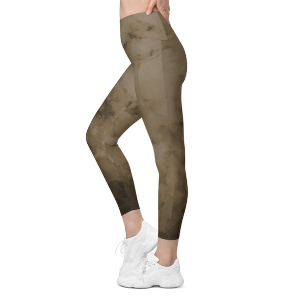 Brown Abstract Leggings With Pockets, Abstract Best Women's 7/8 Leggings Yoga Pants With 2 Side Deep Long Pockets - Made in USA/EU/MX (US Size: 2XS-6XL) Plus Size Available, Women's High Waist Yoga Pants with Built-in Pockets, Exercise Leggings With Pockets, Women's Workout Leggings with Pockets  