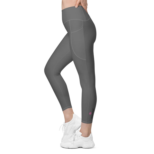 Dark Grey Color Women's Tights, Dark Grey Modern Simple Essential Solid Color Best Women's 7/8 Leggings Yoga Pants With 2 Side Deep Long Pockets - Made in USA/EU/MX (US Size: 2XS-6XL) Plus Size Available, Women's High Waist Yoga Pants with Built-in Pockets, Exercise Leggings With Pockets, Women's Workout Leggings with Pockets  