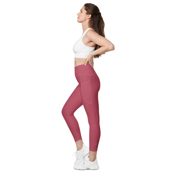 Dark Pink Color Women's Tights, Dark Nude Pink Modern Simple Essential Solid Color Best Women's 7/8 Leggings Yoga Pants With 2 Side Deep Long Pockets - Made in USA/EU/MX (US Size: 2XS-6XL) Plus Size Available, Women's High Waist Yoga Pants with Built-in Pockets, Exercise Leggings With Pockets, Women's Workout Leggings with Pockets  