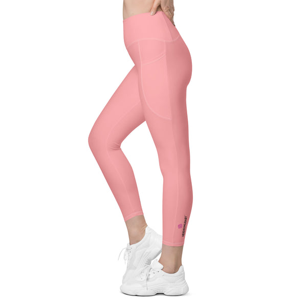Light Pink Color Women's Tights, Pink Modern Simple Essential Solid Color Best Women's 7/8 Leggings Yoga Pants With 2 Side Deep Long Pockets - Made in USA/EU/MX (US Size: 2XS-6XL) Plus Size Available, Women's High Waist Yoga Pants with Built-in Pockets, Exercise Leggings With Pockets, Women's Workout Leggings with Pockets  