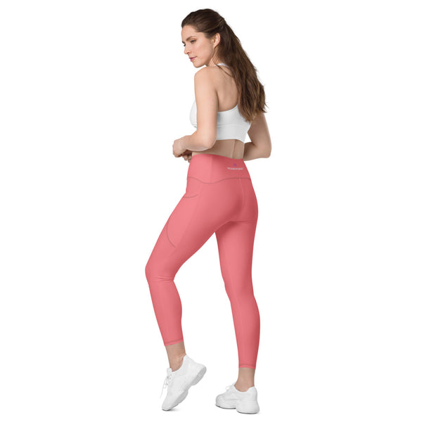 Peach Pink Color Women's Tights, Pink Modern Simple Essential Solid Color Best Women's 7/8 Leggings Yoga Pants With 2 Side Deep Long Pockets - Made in USA/EU/MX (US Size: 2XS-6XL) Plus Size Available