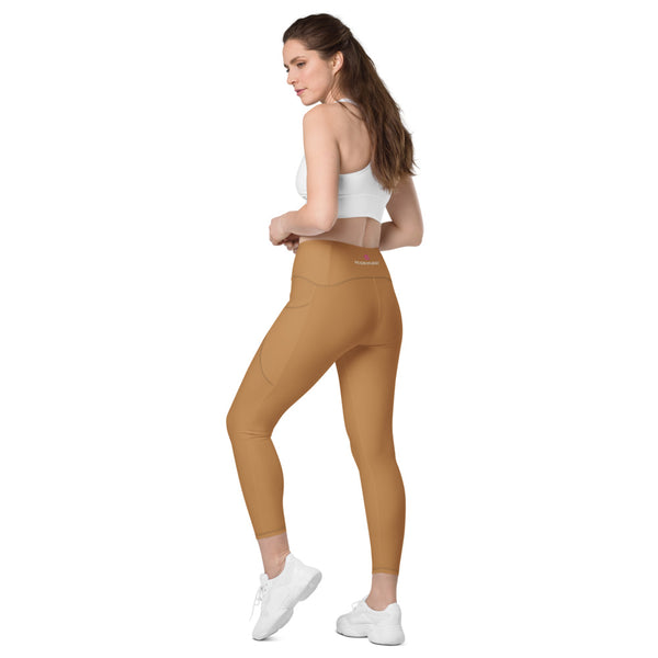 Sand Brown Color Women's Tights, Sand Brown Modern Simple Essential Solid Color Best Women's 7/8 Leggings Yoga Pants With 2 Side Deep Long Pockets - Made in USA/EU/MX (US Size: 2XS-6XL) Plus Size Available