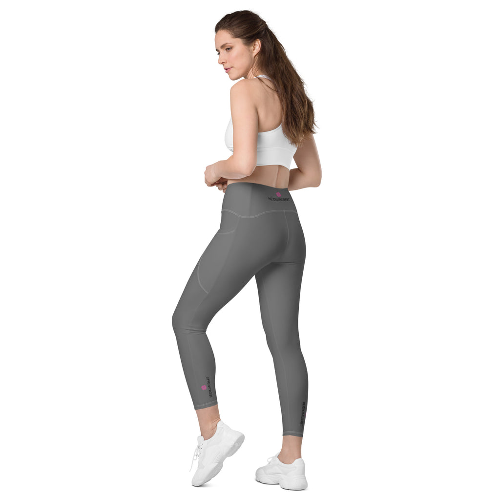 Ash Grey Women's Tights, Solid Color Best Leggings With Pockets For Women -  Made in USA/EU/MX