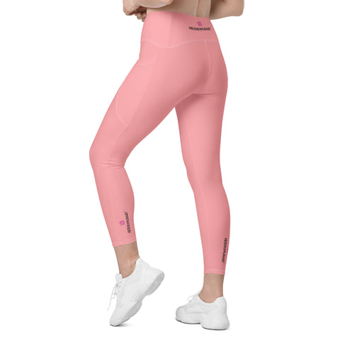 Light Pink Color Women's Tights, Pink Modern Simple Essential Solid Color Best Women's 7/8 Leggings Yoga Pants With 2 Side Deep Long Pockets - Made in USA/EU/MX (US Size: 2XS-6XL) Plus Size Available, Women's High Waist Yoga Pants with Built-in Pockets, Exercise Leggings With Pockets, Women's Workout Leggings with Pockets  