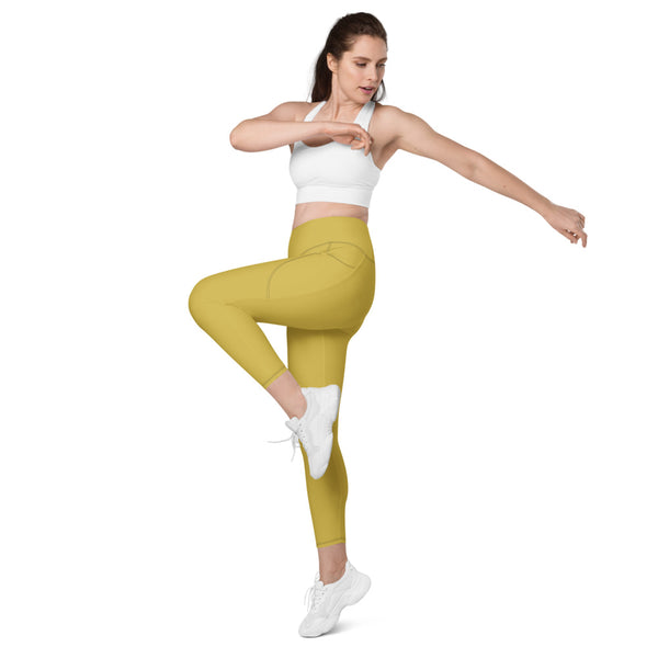 Dark Yellow Color Women's Tights, Dark Yellow Modern Simple Essential Solid Color Best Women's 7/8 Leggings Yoga Pants With 2 Side Deep Long Pockets - Made in USA/EU/MX (US Size: 2XS-6XL) Plus Size Available
