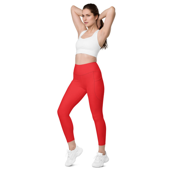 Red Color Women's Tights, Red Modern Simple Essential Solid Color Best Women's 7/8 Leggings Yoga Pants With 2 Side Deep Long Pockets - Made in USA/EU/MX (US Size: 2XS-6XL) Plus Size Available