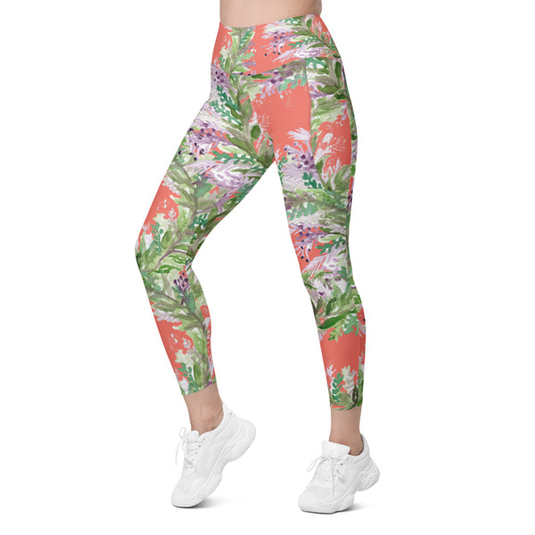 Peach Lavender Floral Tights, Flower Leggings with pockets