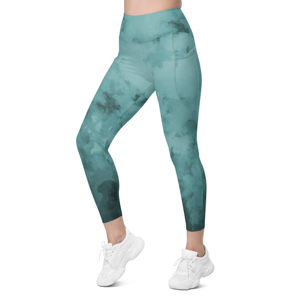 Blue Abstract Leggings With Pockets, Abstract Blue Best Women's 7/8 Leggings Yoga Pants With 2 Side Deep Long Pockets - Made in USA/EU/MX (US Size: 2XS-6XL) Plus Size Available, Women's High Waist Yoga Pants with Built-in Pockets, Exercise Leggings With Pockets, Women's Workout Leggings with Pockets  
