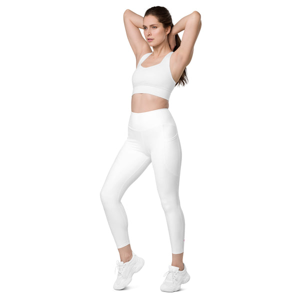 Bright White Color Women's Tights, Swan White Color Modern Simple Essential Solid Color Best Women's 7/8 Leggings Yoga Pants With 2 Side Deep Long Pockets - Made in USA/EU/MX (US Size: 2XS-6XL) Plus Size Available, Women's High Waist Yoga Pants with Built-in Pockets, Exercise Leggings With Pockets, Women's Workout Leggings with Pockets  