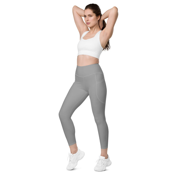 Ash Grey Color Women's Tights, Light Grey Modern Simple Essential Solid Color Best Women's 7/8 Leggings Yoga Pants With 2 Side Deep Long Pockets - Made in USA/EU/MX (US Size: 2XS-6XL) Plus Size Available, Women's High Waist Yoga Pants with Built-in Pockets, Exercise Leggings With Pockets, Women's Workout Leggings with Pockets  
