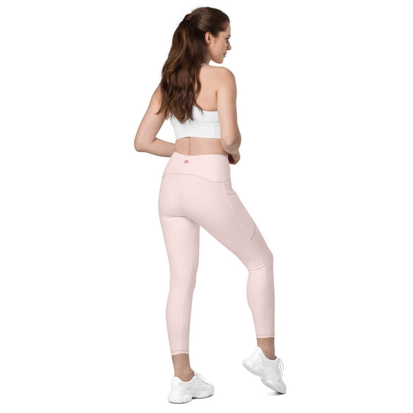 Pale Pink Color Women's Tights, Pink Modern Simple Essential Solid Color Best Women's 7/8 Leggings Yoga Pants With 2 Side Deep Long Pockets - Made in USA/EU/MX (US Size: 2XS-6XL) Plus Size Available