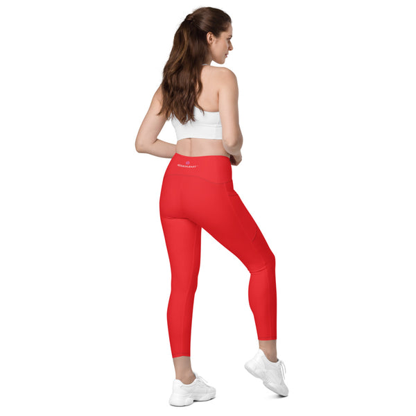Red Color Women's Tights, Red Modern Simple Essential Solid Color Best Women's 7/8 Leggings Yoga Pants With 2 Side Deep Long Pockets - Made in USA/EU/MX (US Size: 2XS-6XL) Plus Size Available