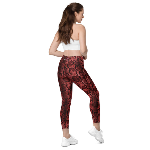 Bright Red Snake Print Tights, Red Snake Skin Python Printed Best Women's 7/8 Leggings Yoga Pants With 2 Large & Deep Long Side Pockets - Made in USA/EU/MX (US Size: 2XS-6XL) Plus Size Available