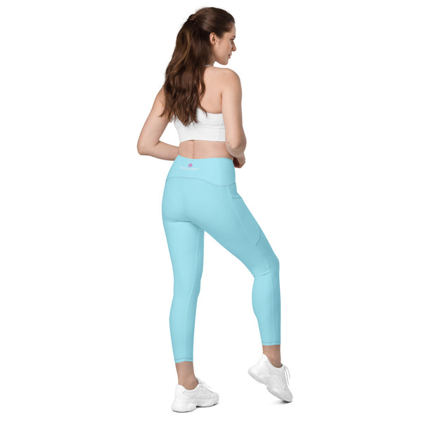 Pale Blue Color Women's Tights, Light Blue Modern Simple Essential Solid Color Best Women's 7/8 Leggings Yoga Pants With 2 Side Deep Long Pockets - Made in USA/EU/MX (US Size: 2XS-6XL) Plus Size Available