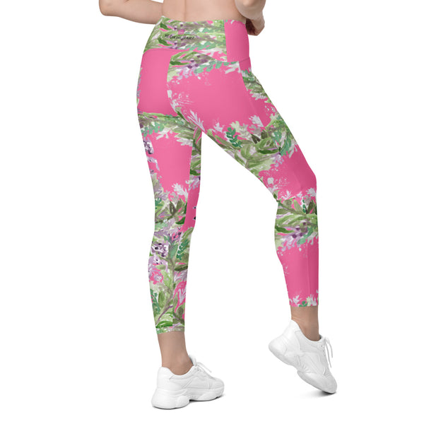 Pink Lavender Women's Tights, Floral Leggings with pockets