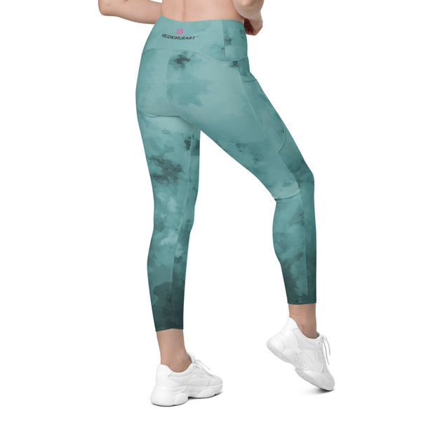 Blue Abstract Leggings With Pockets, Abstract Blue Green Best Women's 7/8 Leggings Yoga Pants With 2 Side Deep Long Pockets - Made in USA/EU/MX (US Size: 2XS-6XL) Plus Size Available, Women's High Waist Yoga Pants with Built-in Pockets, Exercise Leggings With Pockets, Women's Workout Leggings with Pockets 