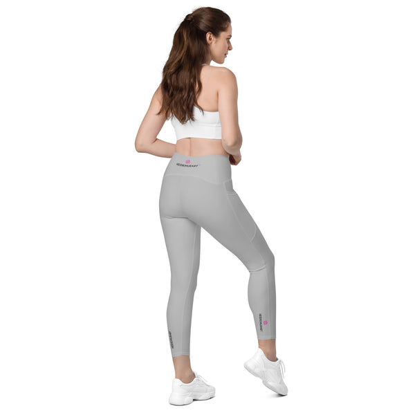 Light Grey Color Women's Tights, Light Grey Modern Simple Essential Solid Color Best Women's 7/8 Leggings Yoga Pants With 2 Side Deep Long Pockets - Made in USA/EU/MX (US Size: 2XS-6XL) Plus Size Available, Women's High Waist Yoga Pants with Built-in Pockets, Exercise Leggings With Pockets, Women's Workout Leggings with Pockets  