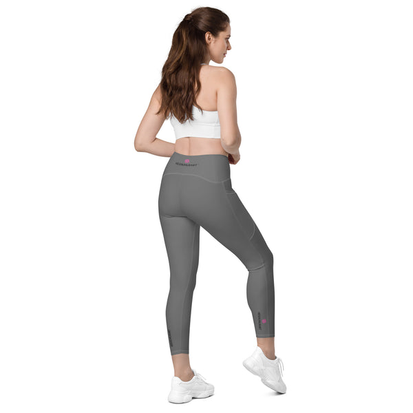 Graphite Grey Color Women's Tights, Grey Modern Simple Essential Solid Color Best Women's 7/8 Leggings Yoga Pants With 2 Side Deep Long Pockets - Made in USA/EU/MX (US Size: 2XS-6XL) Plus Size Available, Women's High Waist Yoga Pants with Built-in Pockets, Exercise Leggings With Pockets, Women's Workout Leggings with Pockets  