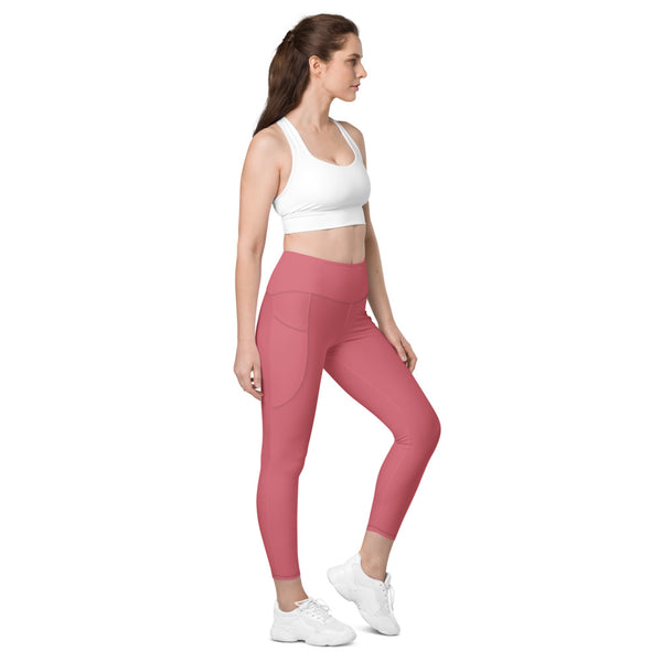 Pink Women's Tights, Solid Color Best Yoga Pants With 2 Side Deep Long Pockets - Made in USA/EU/MX (US Size: 2XS-6XL)