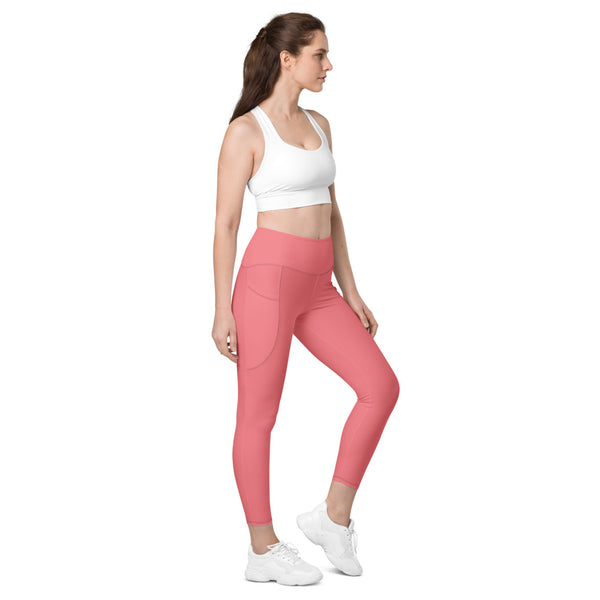 Peach Pink Color Women's Tights, Pink Modern Simple Essential Solid Color Best Women's 7/8 Leggings Yoga Pants With 2 Side Deep Long Pockets - Made in USA/EU/MX (US Size: 2XS-6XL) Plus Size Available