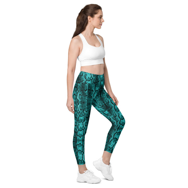 Turquoise Blue Snake Print Tights, Snake Skin Python Printed Best Women's 7/8 Leggings Yoga Pants With Pockets - Made in USA/EU/MX (US Size: 2XS-6XL)