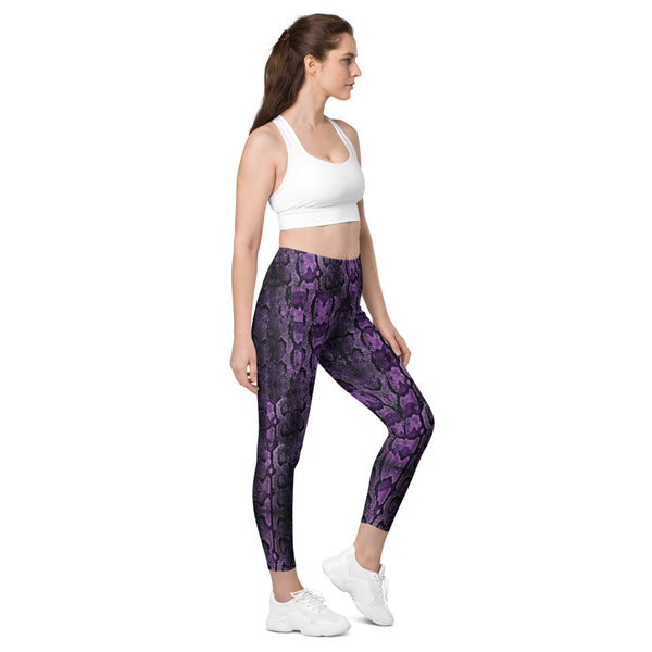 Purple Snake Print Tights, Purple Snake Skin Python Printed Best Women's 7/8 Leggings Yoga Pants With 2 Large & Deep Long Side Pockets - Made in USA/EU/MX (US Size: 2XS-6XL) Plus Size Available