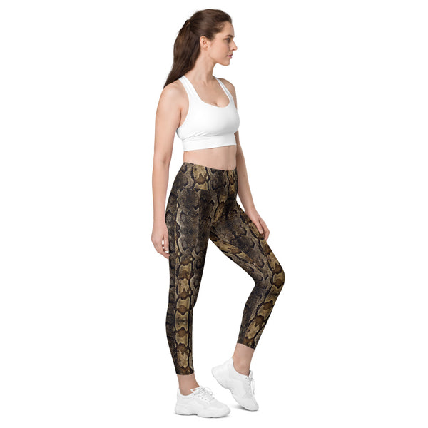 Brown Python Print Tights, Women's 7/8 Leggings with pockets