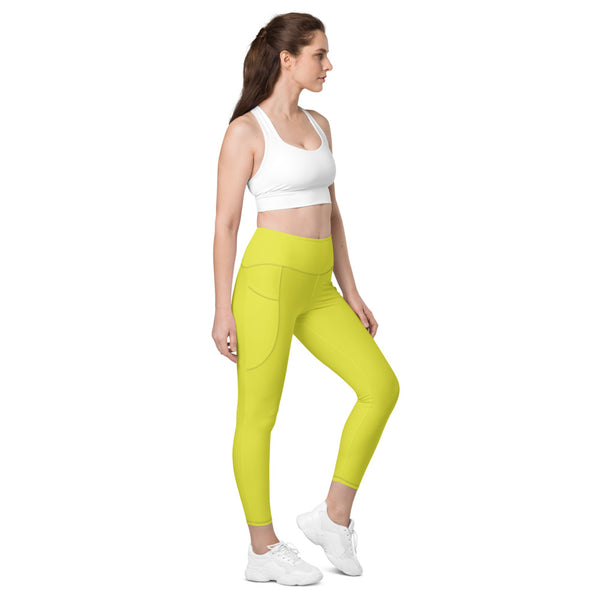 Bright Yellow Color Women's Tights, Yellow Modern Simple Essential Solid Color Best Women's 7/8 Leggings Yoga Pants With 2 Side Deep Long Pockets - Made in USA/EU/MX (US Size: 2XS-6XL) Plus Size Available, Women's High Waist Yoga Pants with Built-in Pockets, Exercise Leggings With Pockets, Women's Workout Leggings with Pockets  
