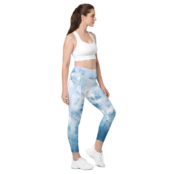 Blue Abstract Leggings With Pockets, Abstract Blue and White Best Women's 7/8 Leggings Yoga Pants With 2 Side Deep Long Pockets - Made in USA/EU/MX (US Size: 2XS-6XL) Plus Size Available, Women's High Waist Yoga Pants with Built-in Pockets, Exercise Leggings With Pockets, Women's Workout Leggings with Pockets  