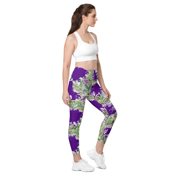 Purple Lavender Women's Pants, Floral Print Leggings with pockets