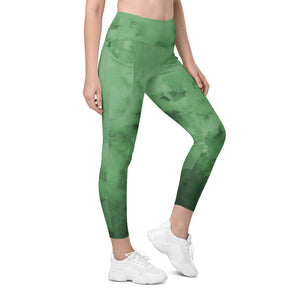 Green Abstract Leggings With Pockets, Abstract Green Best Women's 7/8 Leggings Yoga Pants With 2 Side Deep Long Pockets - Made in USA/EU/MX (US Size: 2XS-6XL) Plus Size Available, Women's High Waist Yoga Pants with Built-in Pockets, Exercise Leggings With Pockets, Women's Workout Leggings with Pockets  