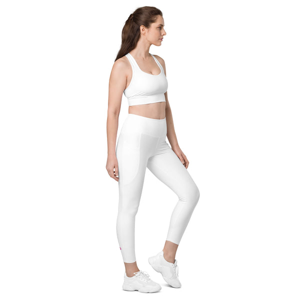 Bright White Color Women's Tights, Swan White Color Modern Simple Essential Solid Color Best Women's 7/8 Leggings Yoga Pants With 2 Side Deep Long Pockets - Made in USA/EU/MX (US Size: 2XS-6XL) Plus Size Available, Women's High Waist Yoga Pants with Built-in Pockets, Exercise Leggings With Pockets, Women's Workout Leggings with Pockets  